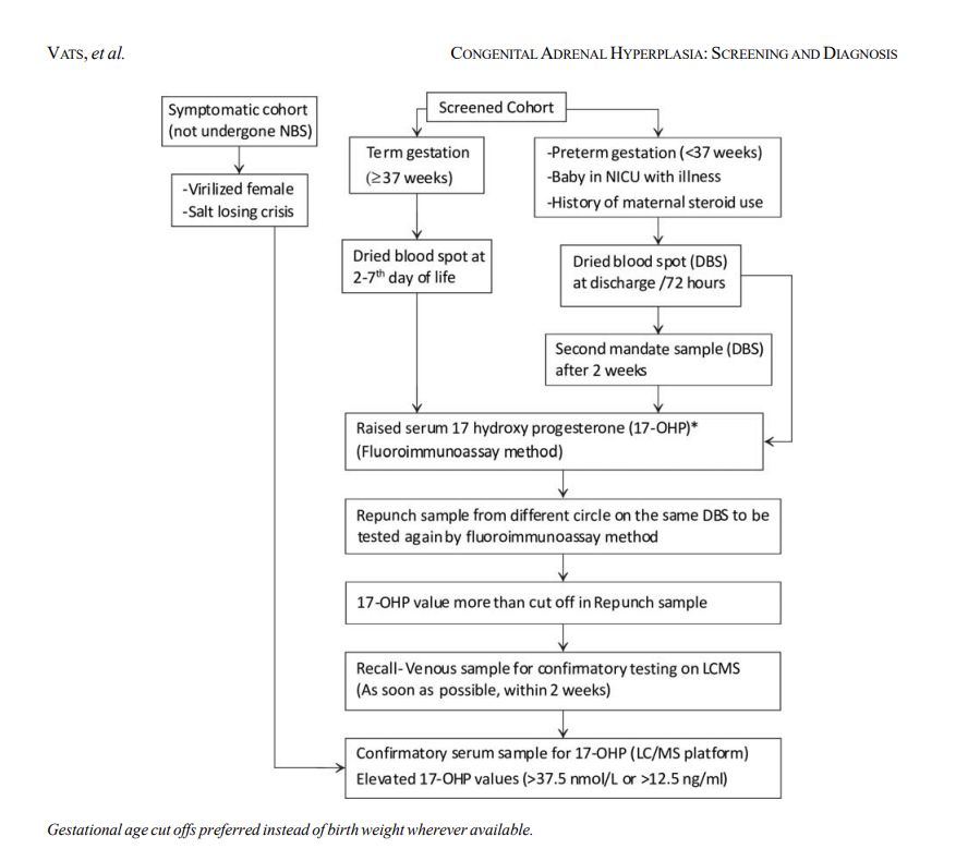 Fig: Suggested algorithm for screening of infants for congenital adrenal hyperplasia.(Source:https://www.indianpediatrics.net/jan2020/49.pdf?utm_source=chatgpt.com)
